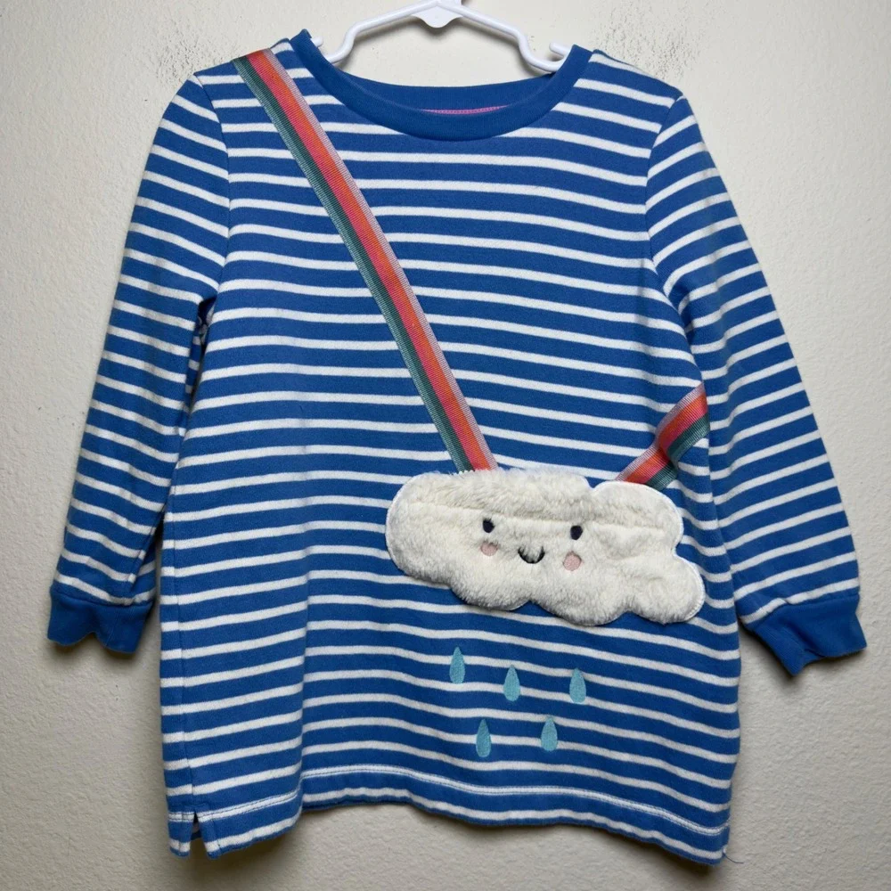 Mini Boden Girls Cotton Tunic 5-6Y Blue Striped Rainbow Cloud Applique Pocket